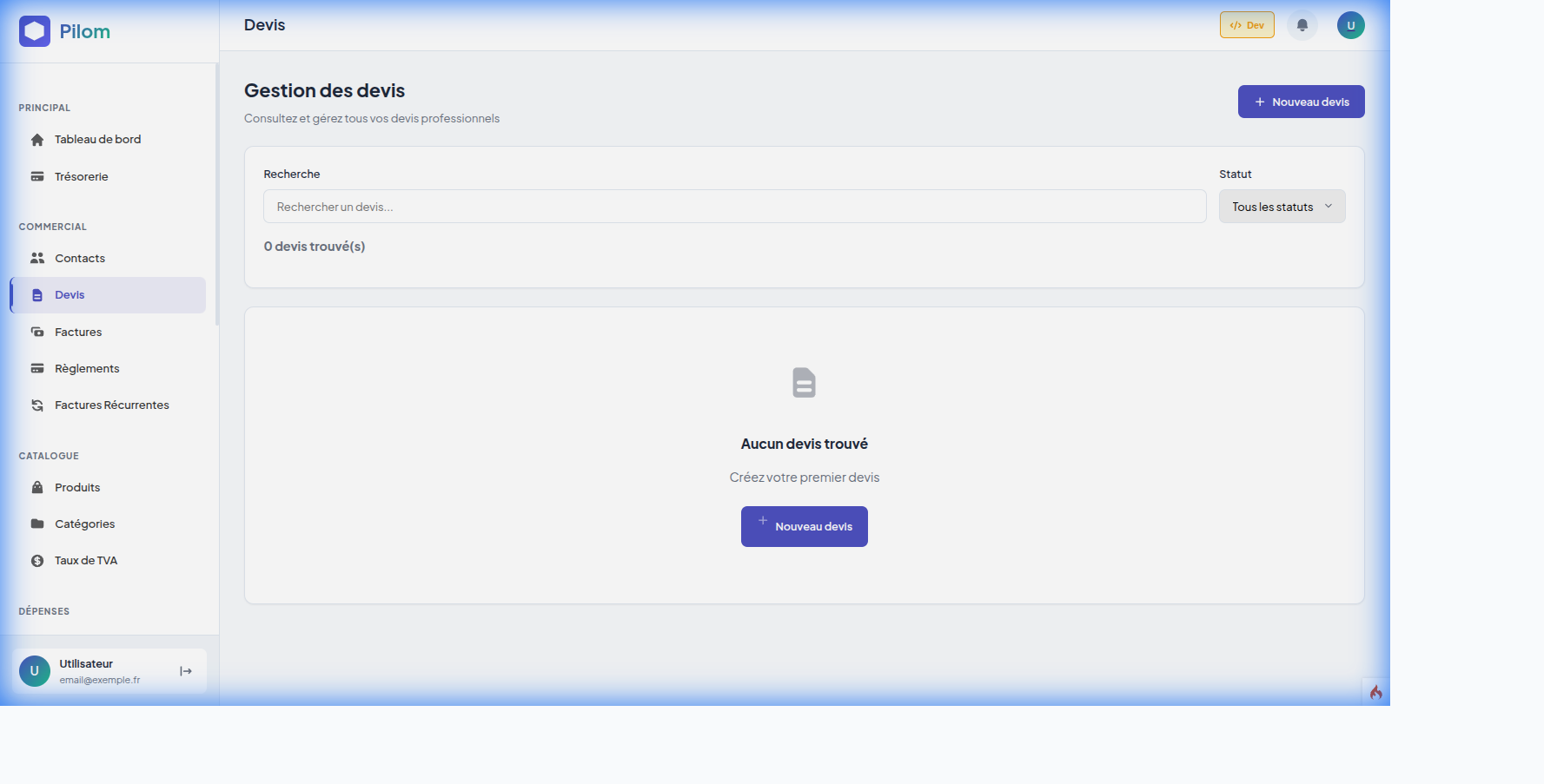Interface de devis Pilom